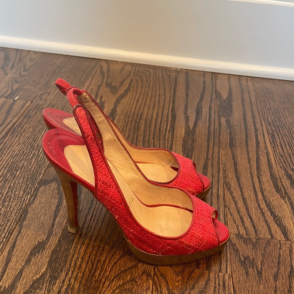 Christian Louboutin Red Raffia Slingbacks 37.5 - Picture 2 of 16